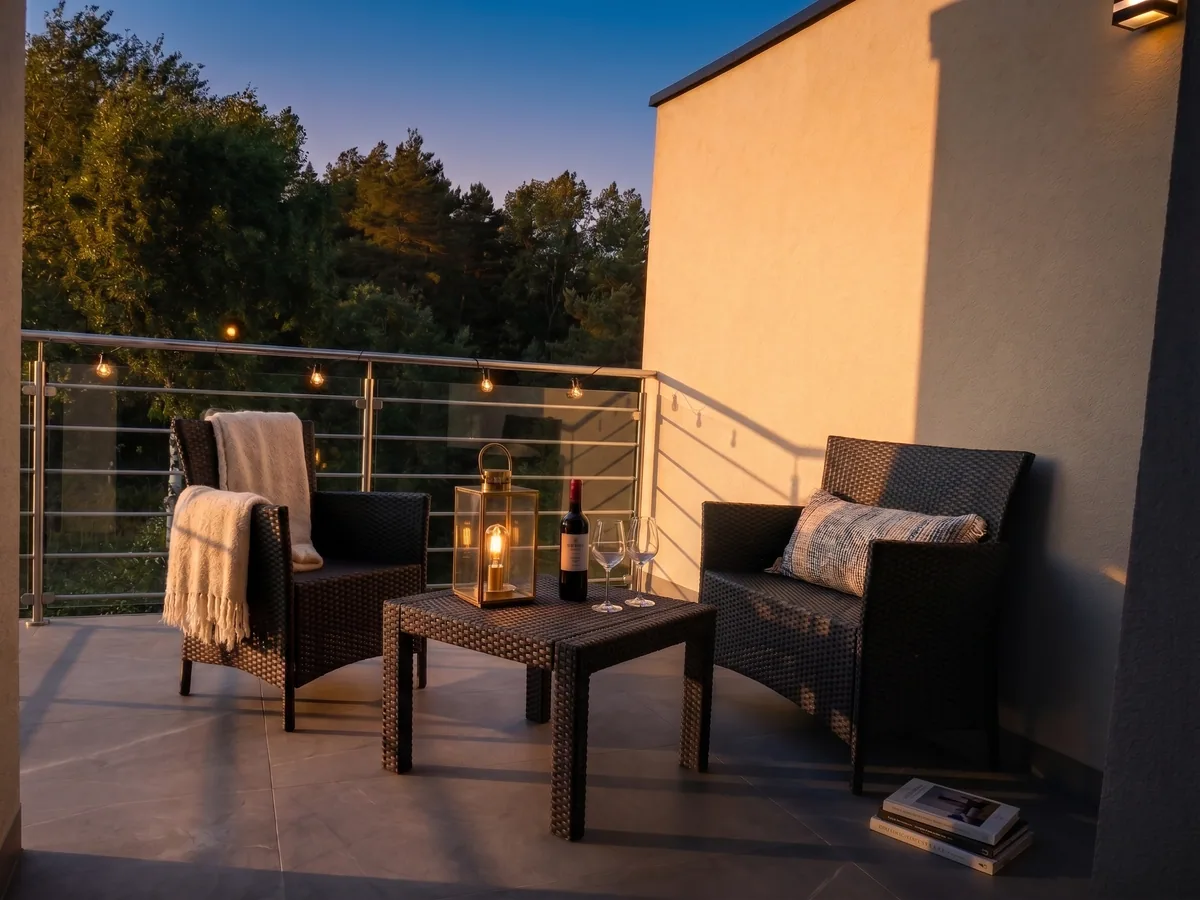 Apartamenty Szmaragdowa 10 — balkon o zmierzchu z meblami wypoczynkowymi i widokiem na zieleń