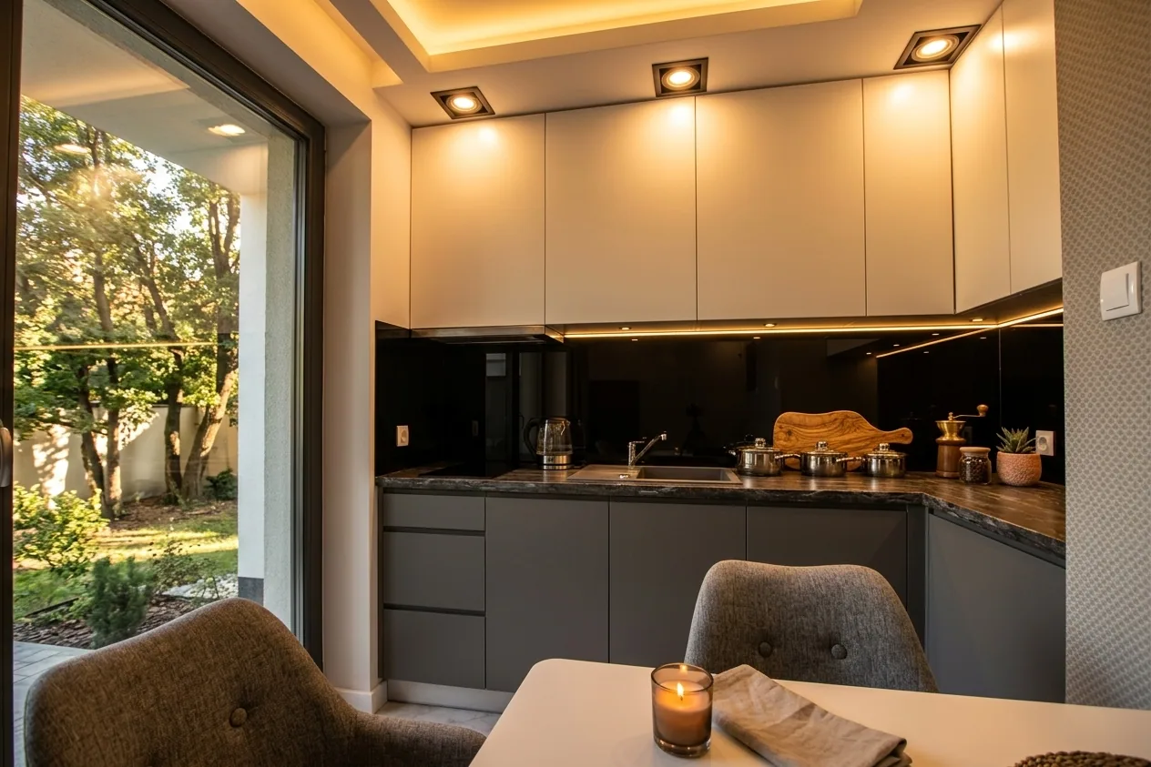 Apartamenty Szmaragdowa 10 — aneks kuchenny z wyjściem do ogrodu