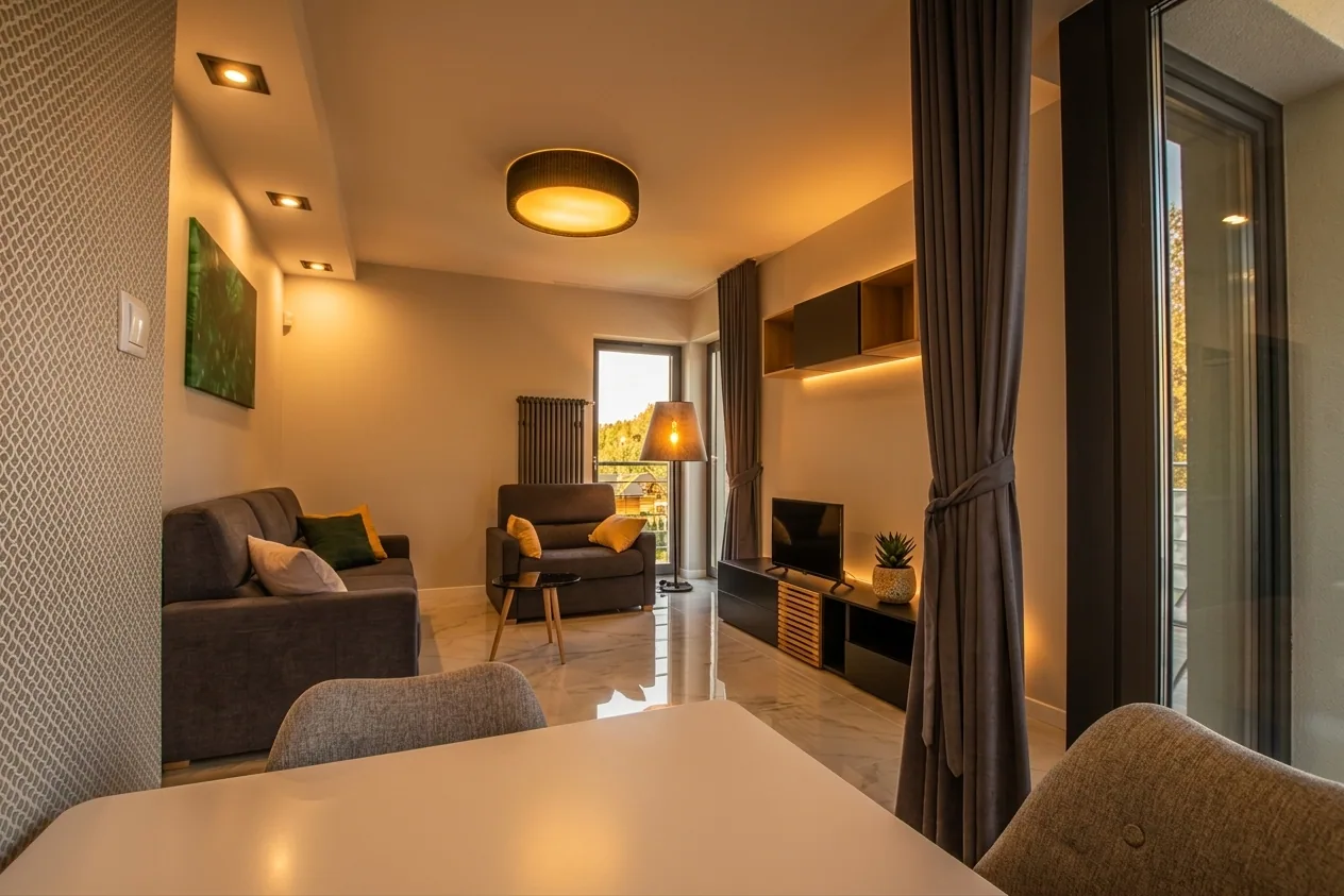 Apartamenty Szmaragdowa 10 — przytulny salon o złotej godzinie z TV i wyjściem na balkon