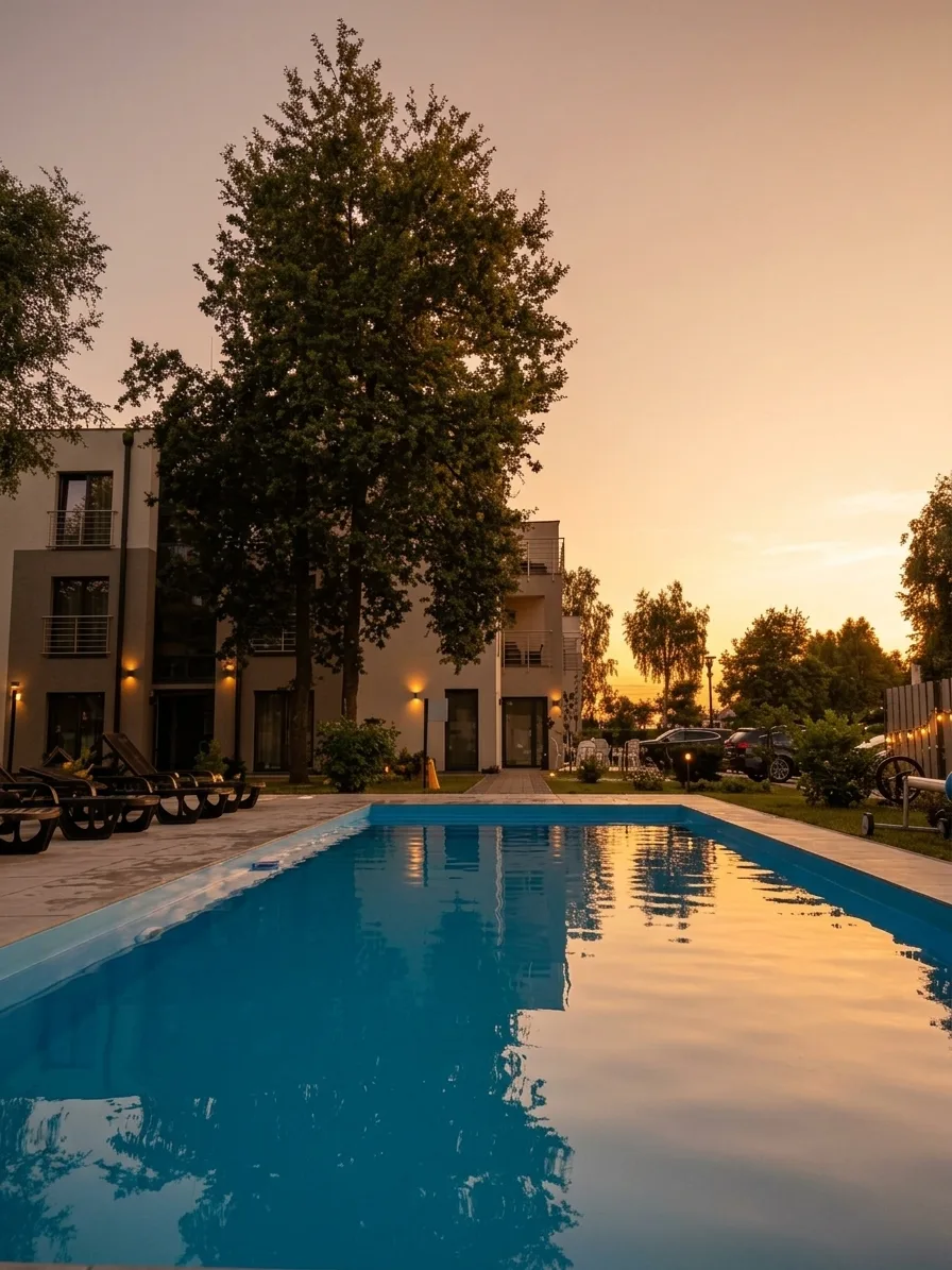 Apartamenty Szmaragdowa 10 — basen o zachodzie słońca